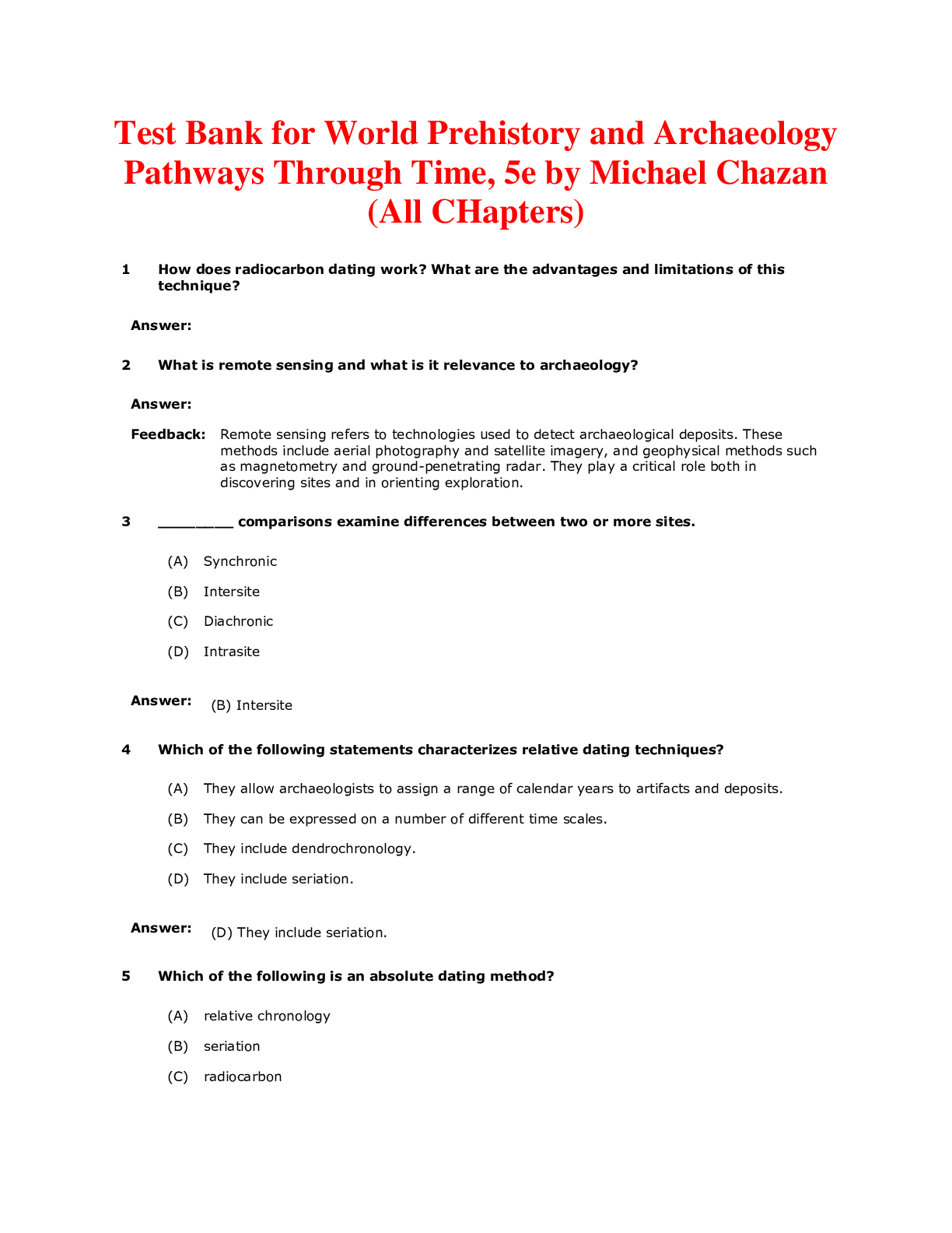 Preview of World Prehistory and Archaeology Pathways Through Time, 5e by Michael Chazan (Test Bank)
